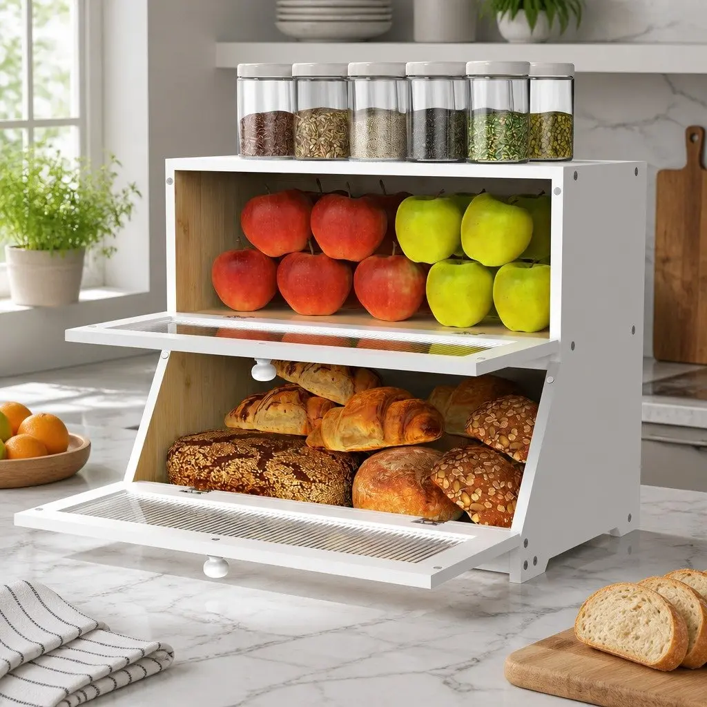 Bamboo Bread Storage Container Double Layer Kitchen Countertop Organizer White with Clear Window