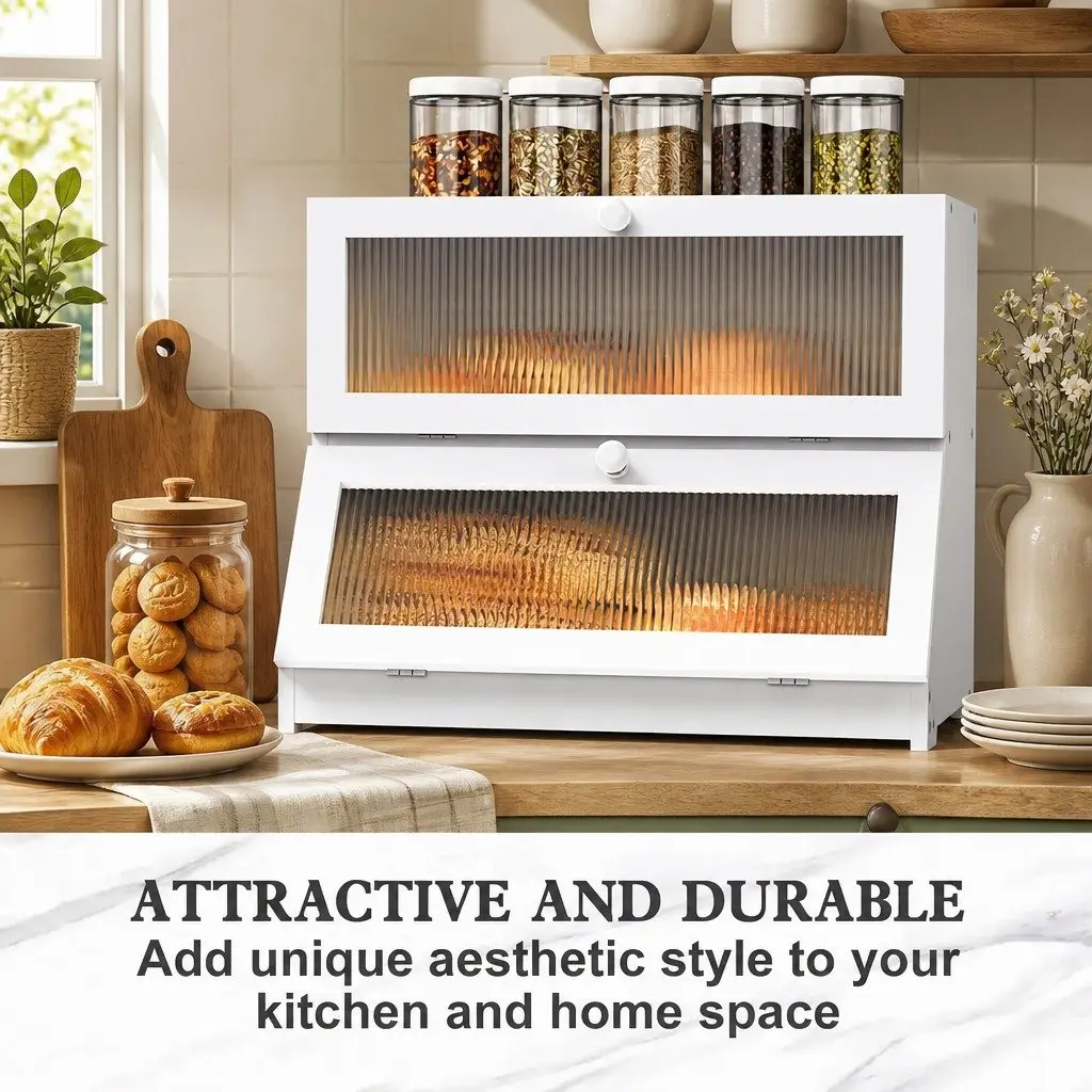 Bamboo Bread Storage Container Double Layer Kitchen Countertop Organizer White with Clear Window