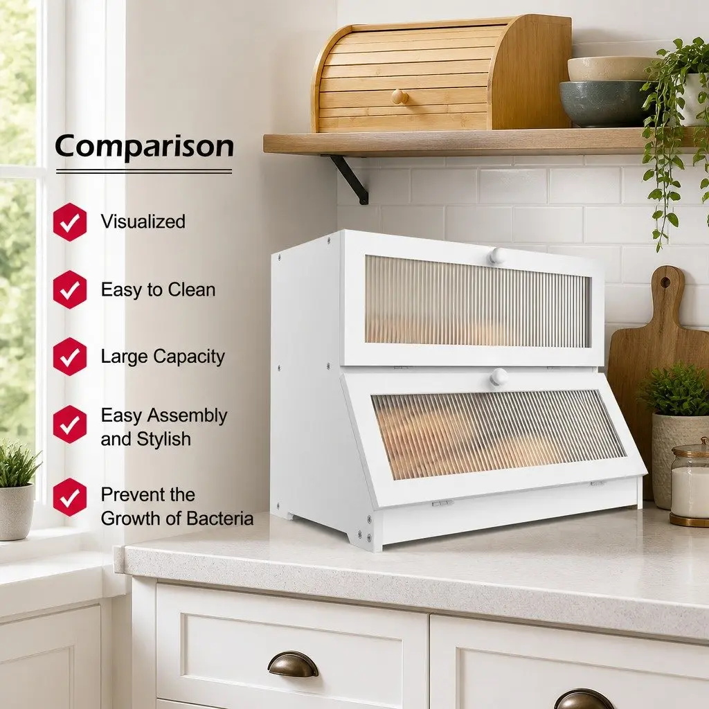 Bamboo Bread Storage Container Double Layer Kitchen Countertop Organizer White with Clear Window