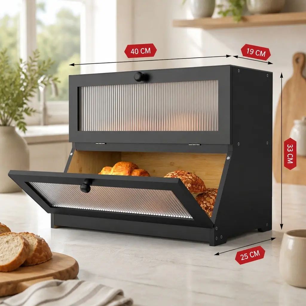 Bread Box Double Layer Bamboo 25 x 40 x 33 cm Black
