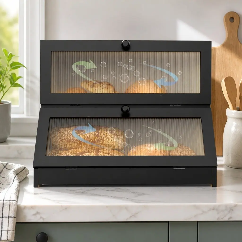 Bread Box Double Layer Bamboo 25 x 40 x 33 cm Black