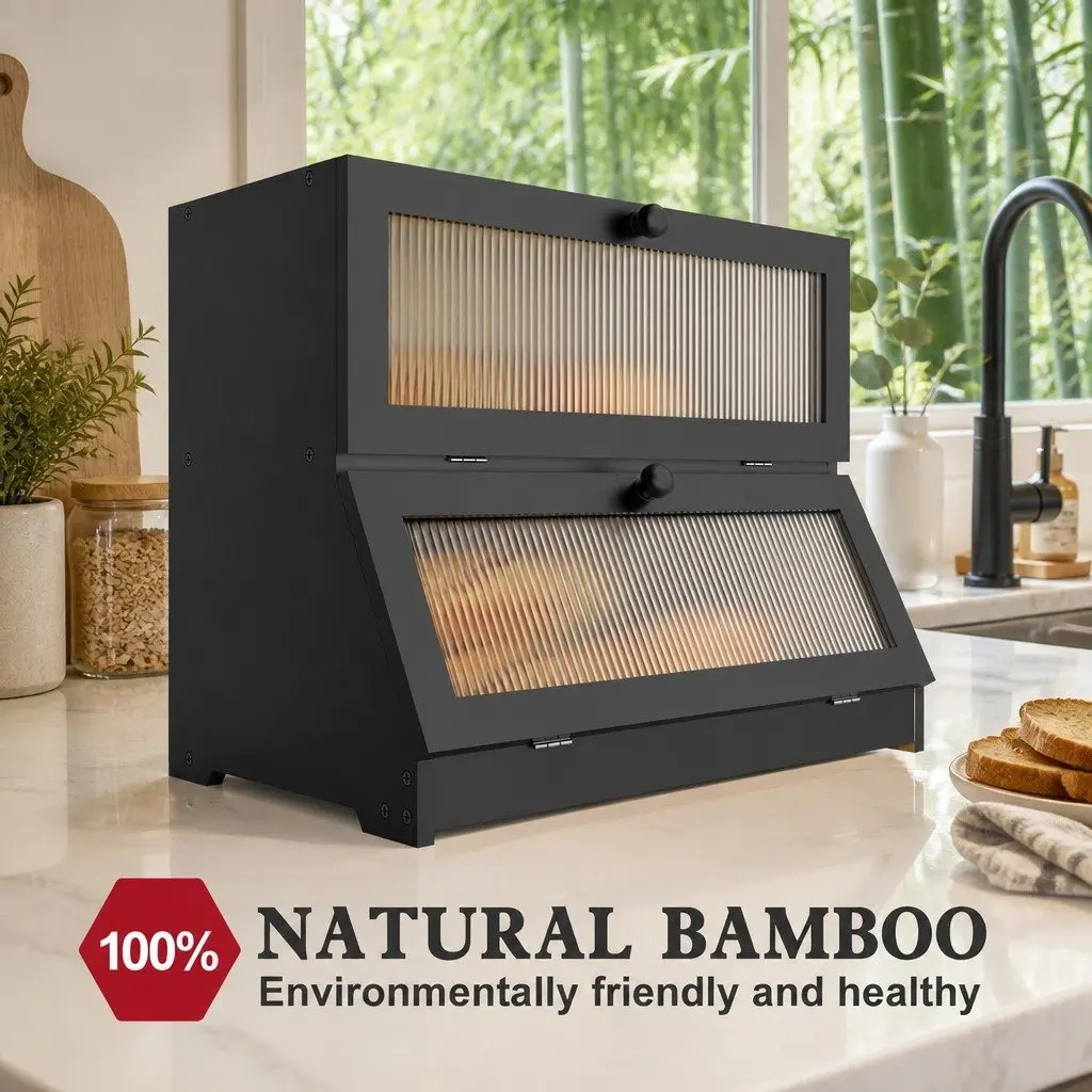 Bread Box Double Layer Bamboo 25 x 40 x 33 cm Black