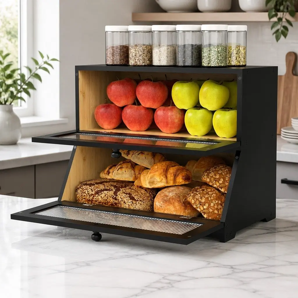 Bread Box Double Layer Bamboo 25 x 40 x 33 cm Black