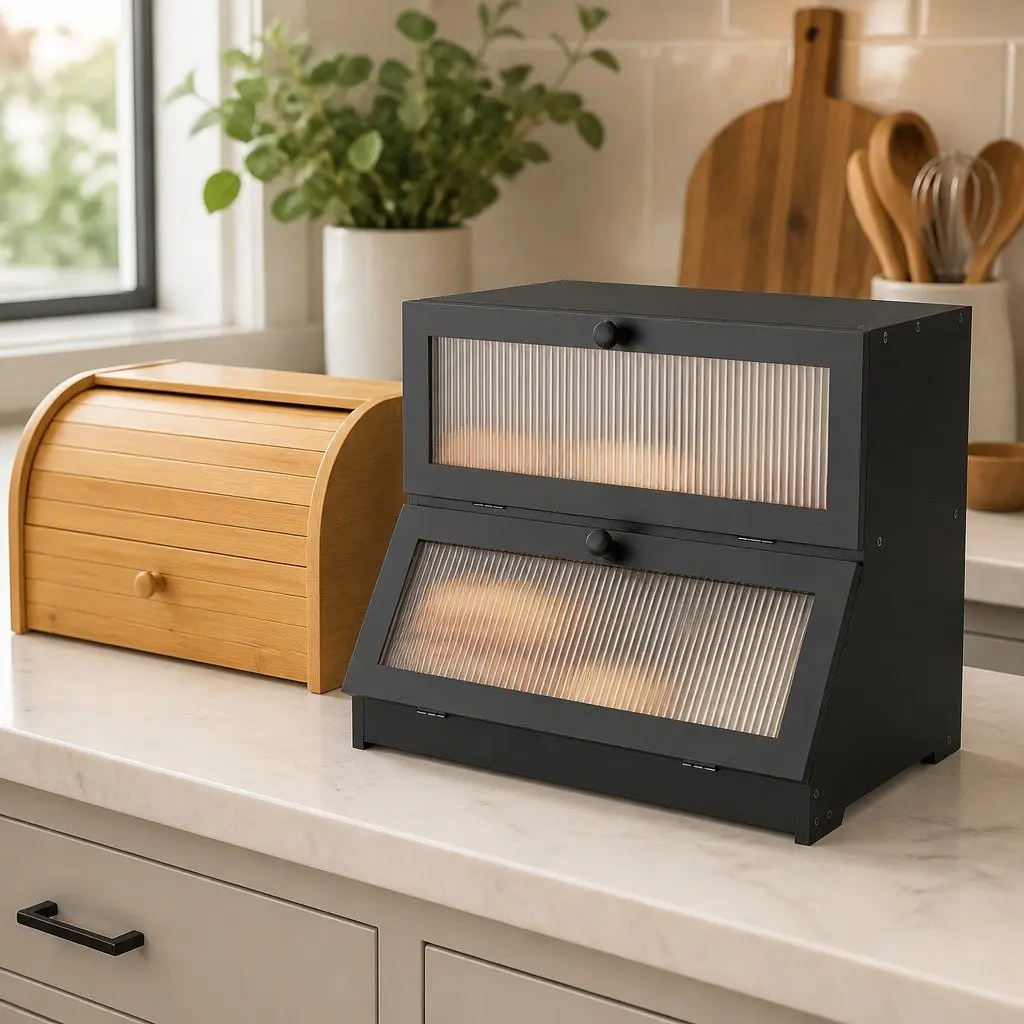 Bread Box Double Layer Bamboo 25 x 40 x 33 cm Black