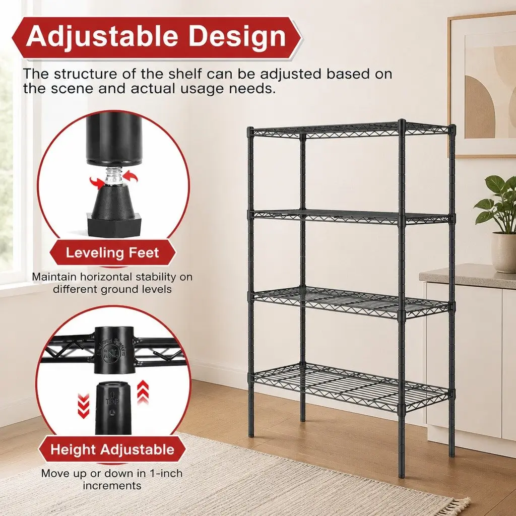 Metal Storage Shelves 4-Tier Heavy-Duty Wire Rack Organizer 60cm x 40cm x 140cm for Kitchen Pantry Bathroom Laundry