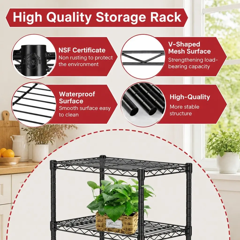 Metal Storage Shelves 4-Tier Heavy-Duty Wire Rack Organizer 60cm x 40cm x 140cm for Kitchen Pantry Bathroom Laundry
