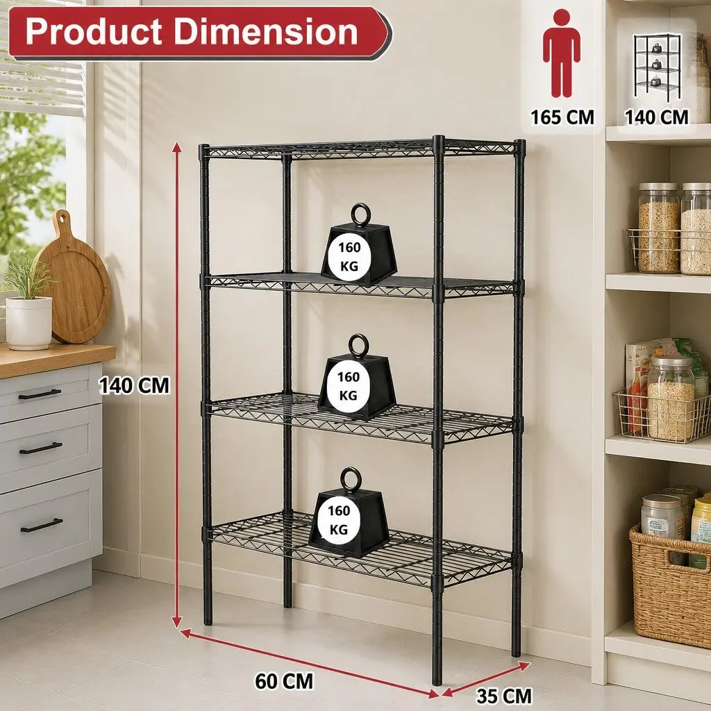Metal Storage Shelves 4-Tier Heavy-Duty Wire Rack Organizer 60cm x 40cm x 140cm for Kitchen Pantry Bathroom Laundry