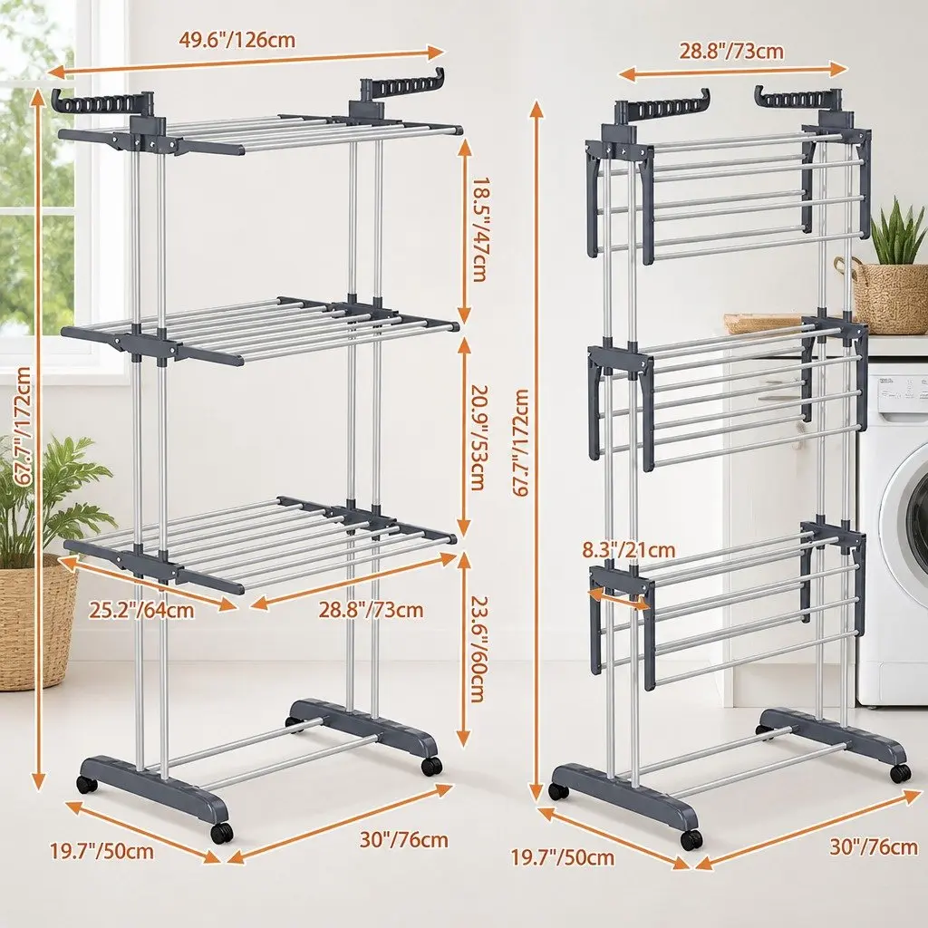 Folding Clothes Drying Rack 4-Tier Adjustable Wings with Wheels Laundry Storage 29 x 103 x 41 cm