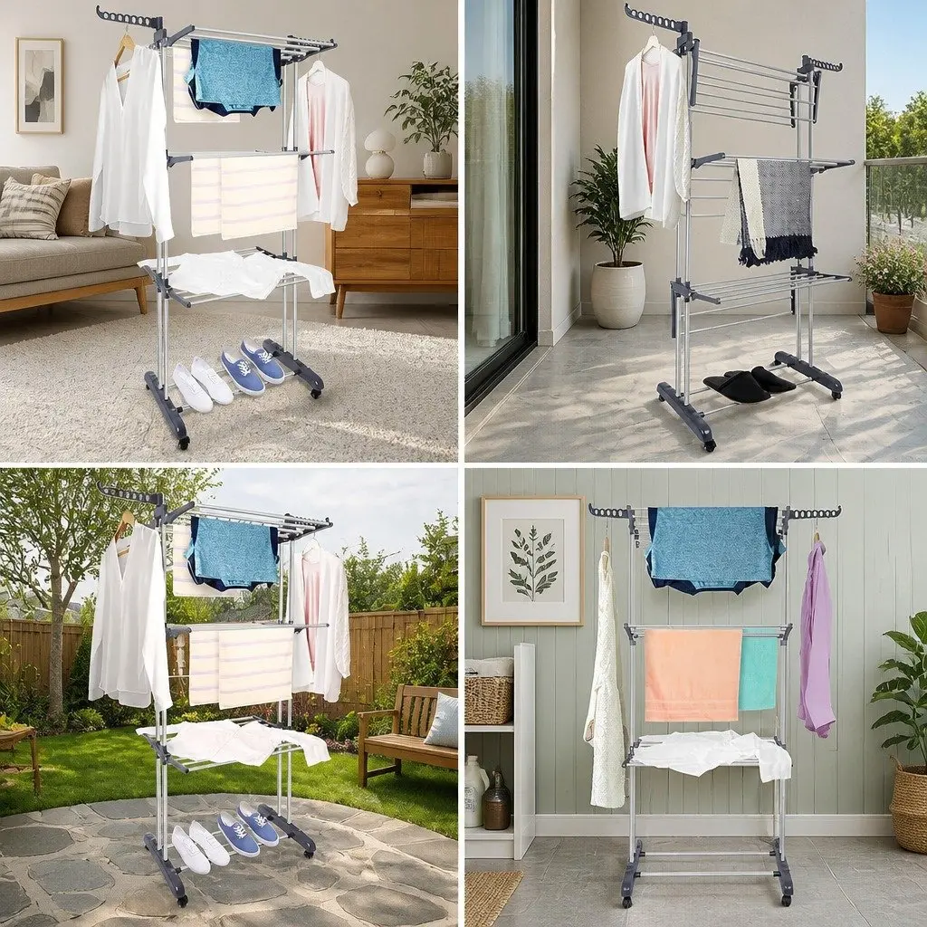 Folding Clothes Drying Rack 4-Tier Adjustable Wings with Wheels Laundry Storage 29 x 103 x 41 cm