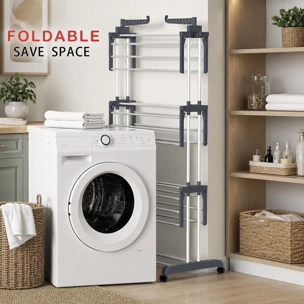 Folding Clothes Drying Rack 4-Tier Adjustable Wings with Wheels Laundry Storage 29 x 103 x 41 cm