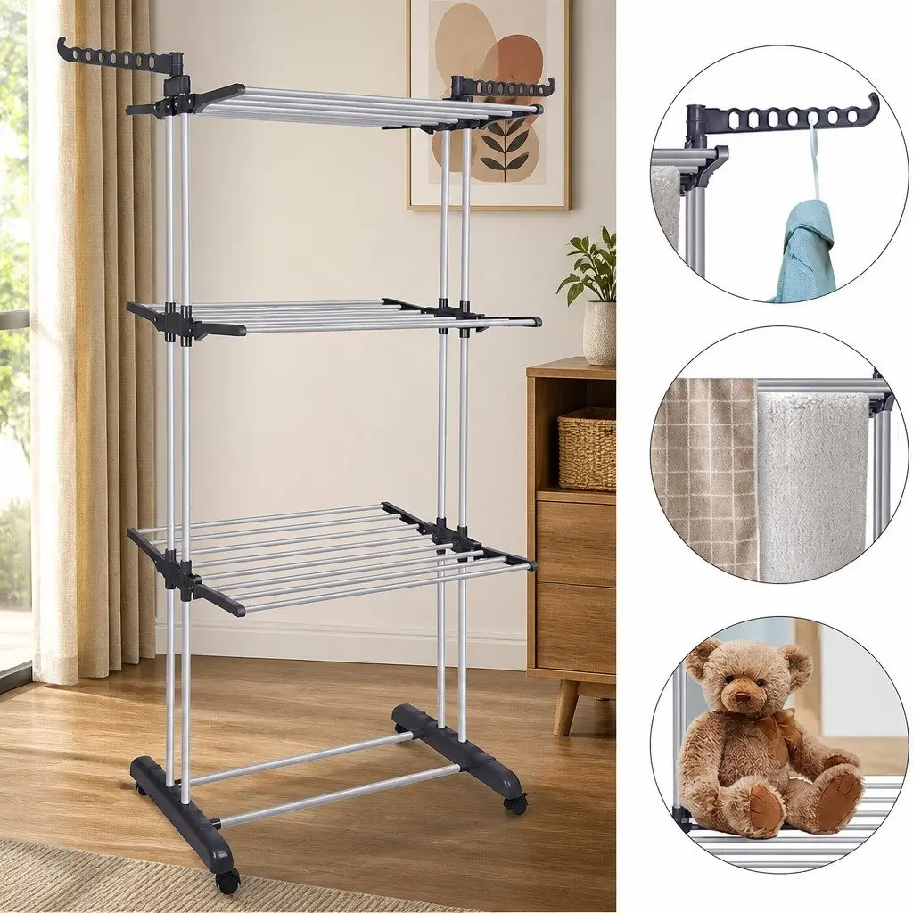 Folding Clothes Drying Rack 4-Tier Adjustable Wings with Wheels Laundry Storage 29 x 103 x 41 cm
