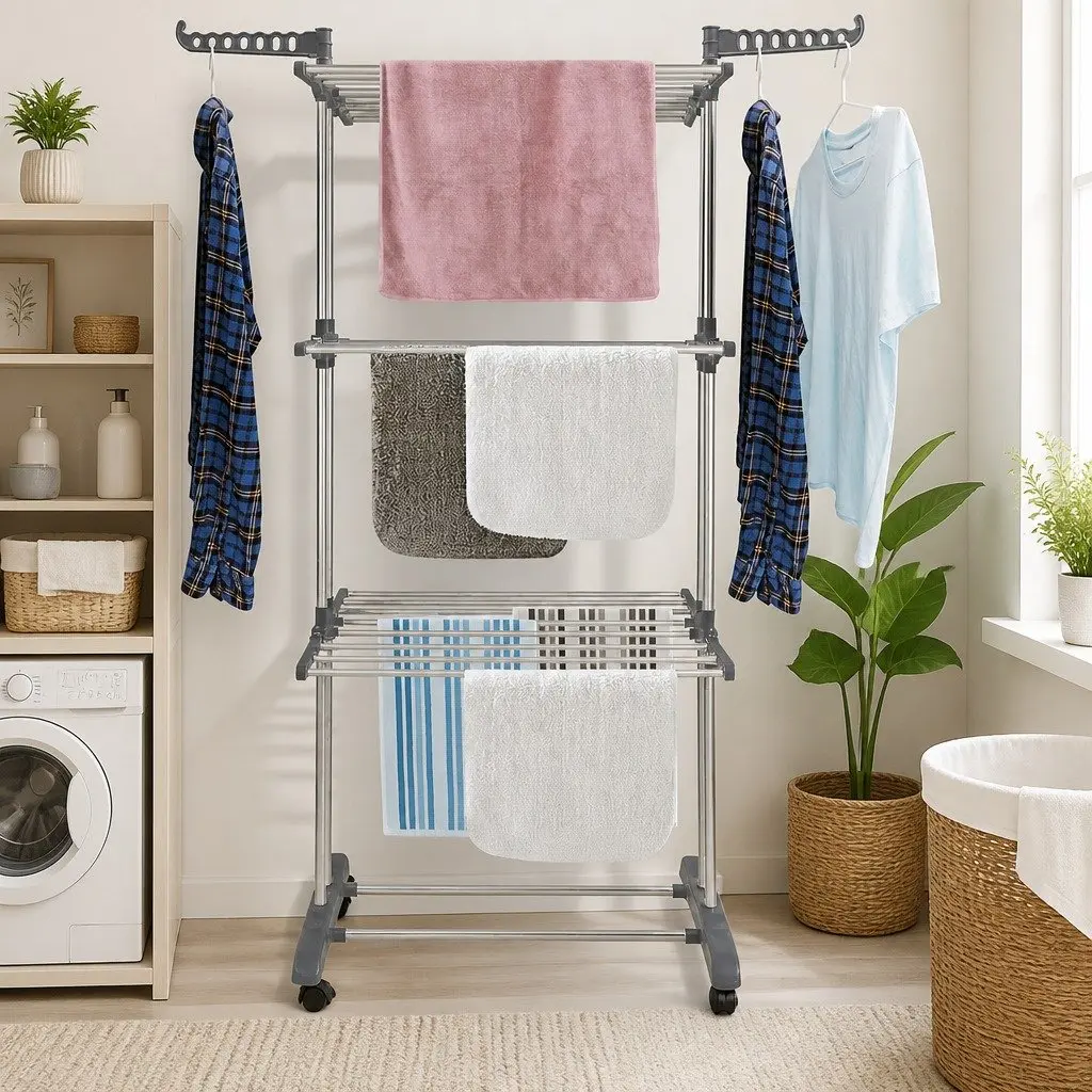 Folding Clothes Drying Rack 4-Tier Adjustable Wings with Wheels Laundry Storage 29 x 103 x 41 cm