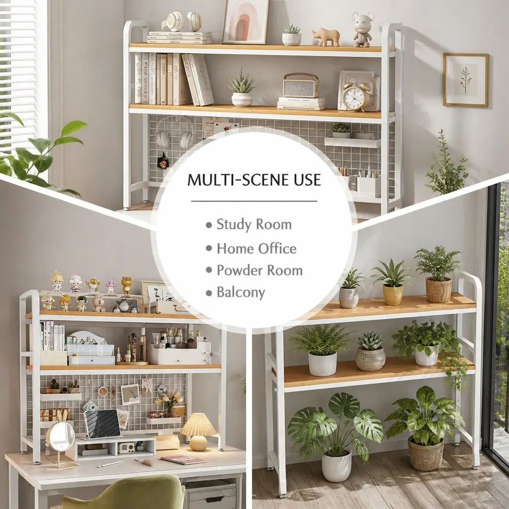 Desktop Hutch Bookshelf 2-Tier Metal Grid Panel Organizer MDF Steel Frame Black