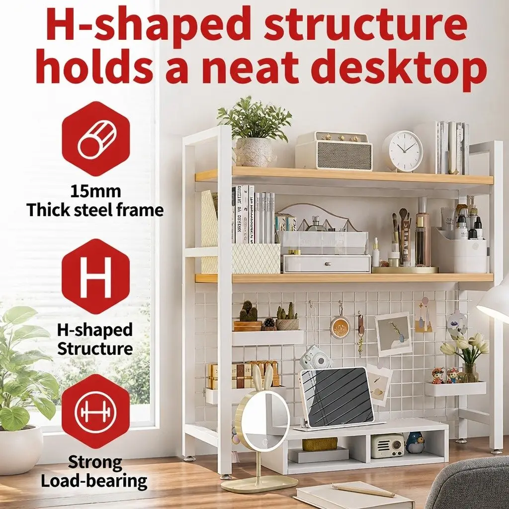 Desktop Hutch Bookshelf 2-Tier Metal Grid Panel Organizer MDF Steel Frame Black