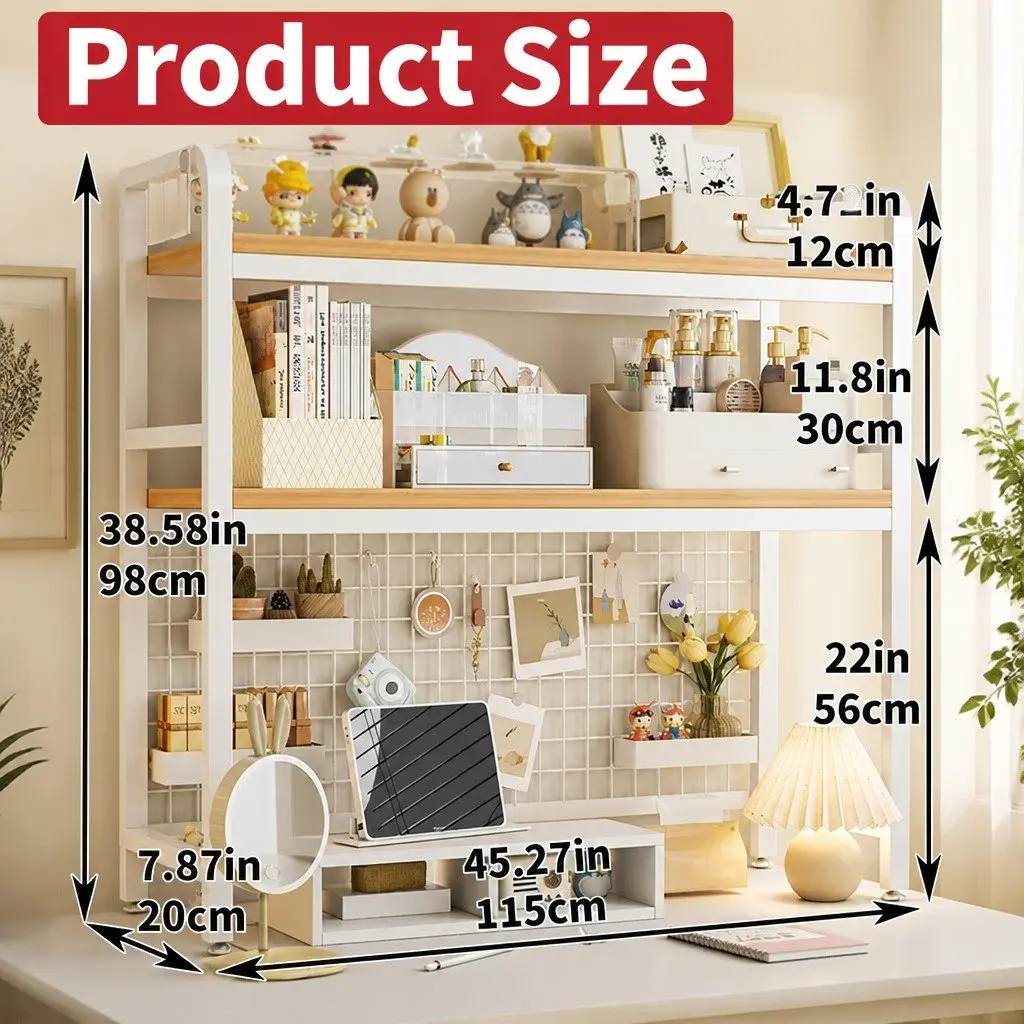 Desktop Hutch Bookshelf 2-Tier Metal Grid Panel Organizer MDF Steel Frame Black