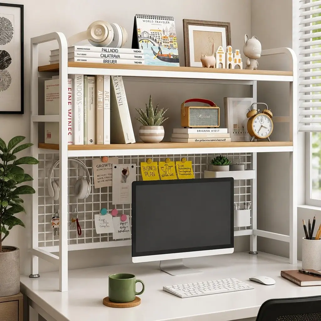 Desktop Hutch Bookshelf 2-Tier Metal Grid Panel Organizer MDF Steel Frame Black
