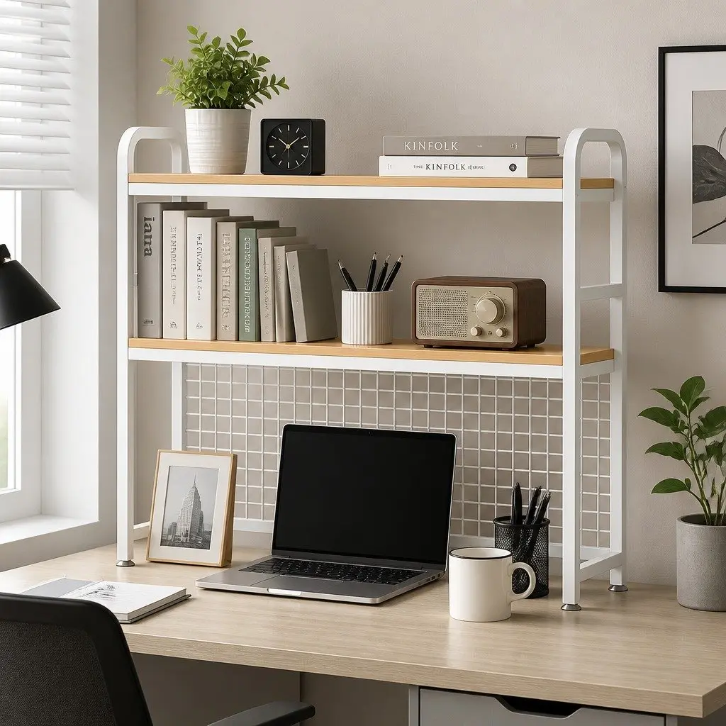 Desktop Hutch Bookshelf 2-Tier Metal Grid Panel Organizer MDF Steel Frame Black