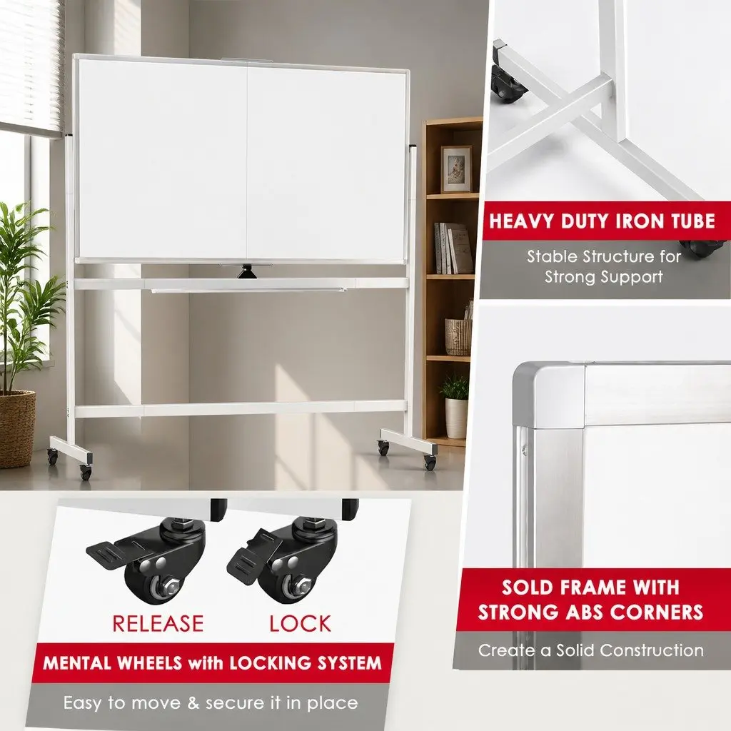 Reversible Mobile Whiteboard Double-Sided Magnetic 120x90cm Writing Surface with Lockable Wheels and Steel Frame