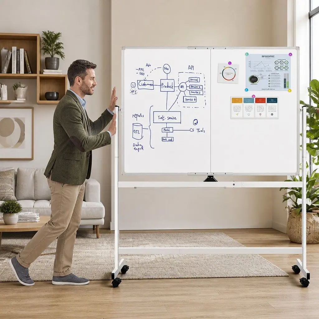 Reversible Mobile Whiteboard Double-Sided Magnetic 120x90cm Writing Surface with Lockable Wheels and Steel Frame