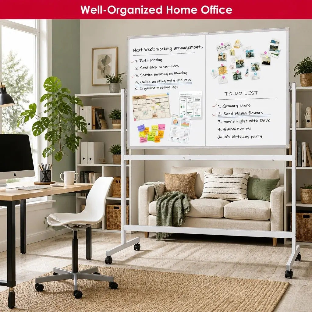 Reversible Mobile Whiteboard Double-Sided Magnetic 120x90cm Writing Surface with Lockable Wheels and Steel Frame