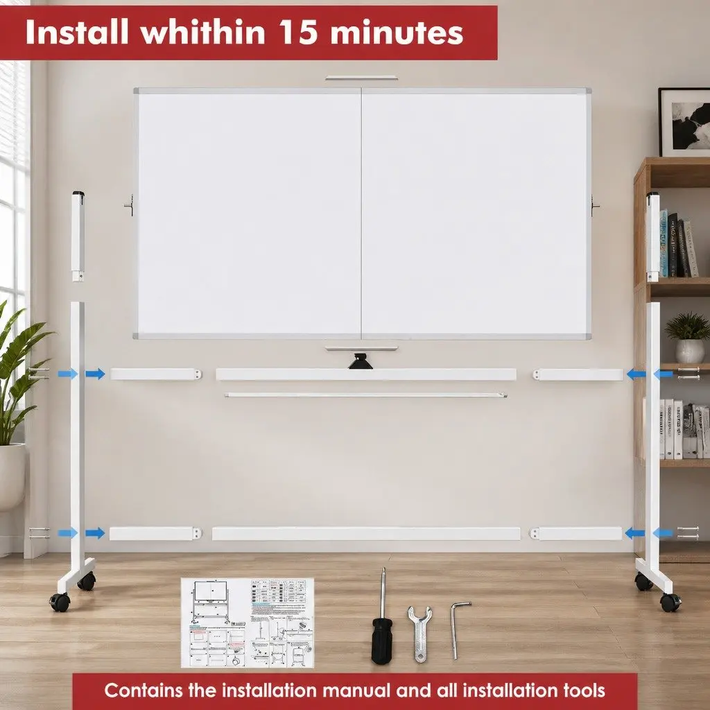 Reversible Mobile Whiteboard Double-Sided Magnetic 120x90cm Writing Surface with Lockable Wheels and Steel Frame