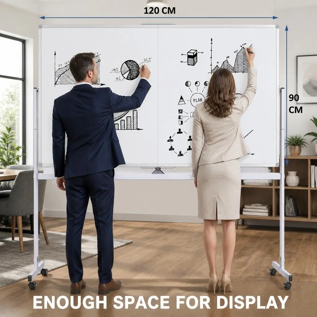 Reversible Mobile Whiteboard Double-Sided Magnetic 120x90cm Writing Surface with Lockable Wheels and Steel Frame