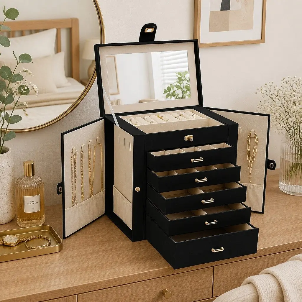 Large Jewelry Box for Women 6 Drawers Mirror Lock Necklace Hooks Storage