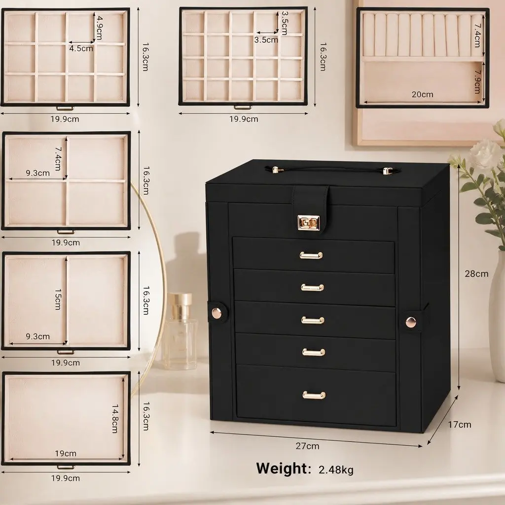 Large Jewelry Box for Women 6 Drawers Mirror Lock Necklace Hooks Storage