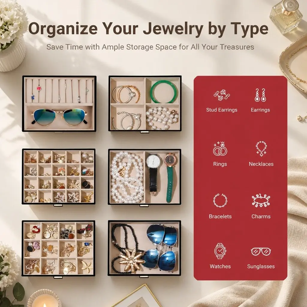 Large Jewelry Box for Women 6 Drawers Mirror Lock Necklace Hooks Storage