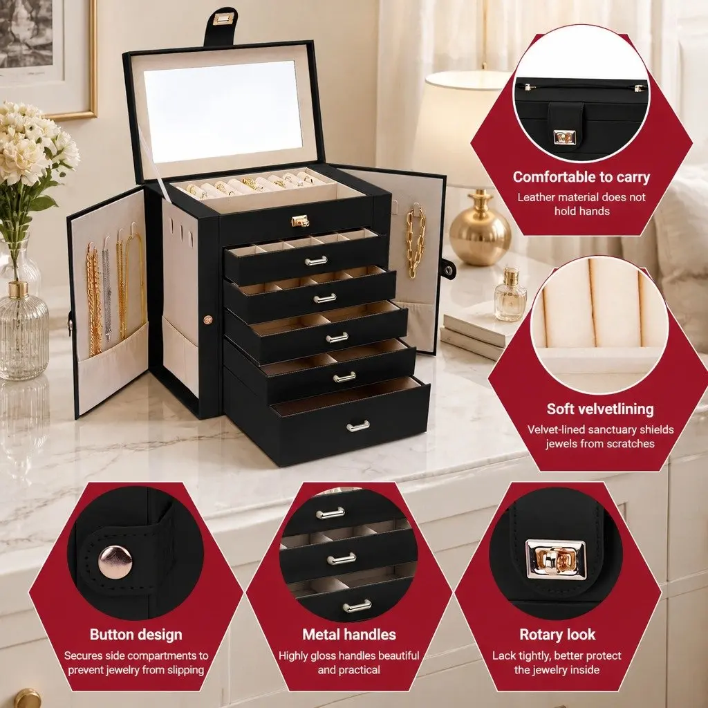 Large Jewelry Box for Women 6 Drawers Mirror Lock Necklace Hooks Storage