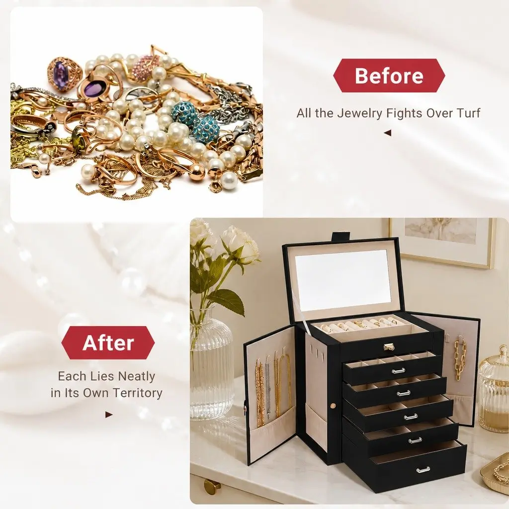 Large Jewelry Box for Women 6 Drawers Mirror Lock Necklace Hooks Storage