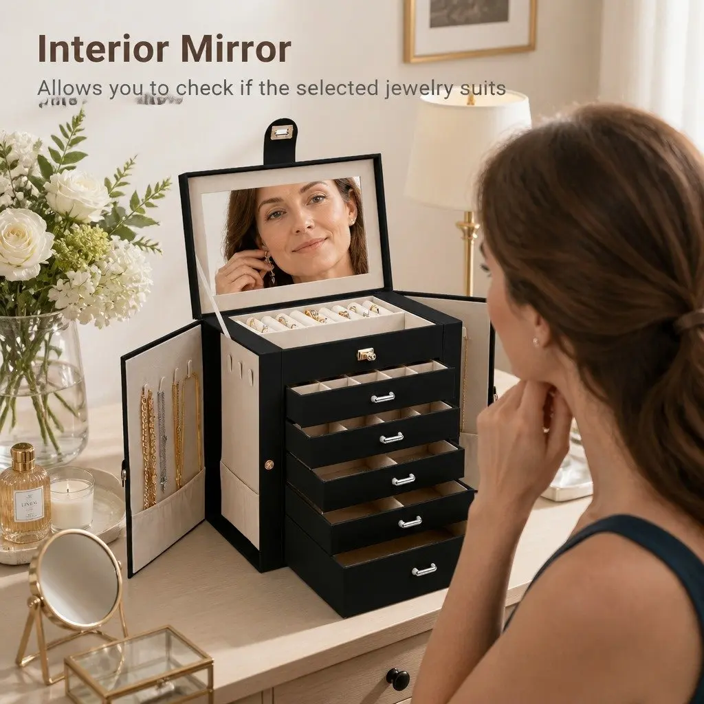 Large Jewelry Box for Women 6 Drawers Mirror Lock Necklace Hooks Storage