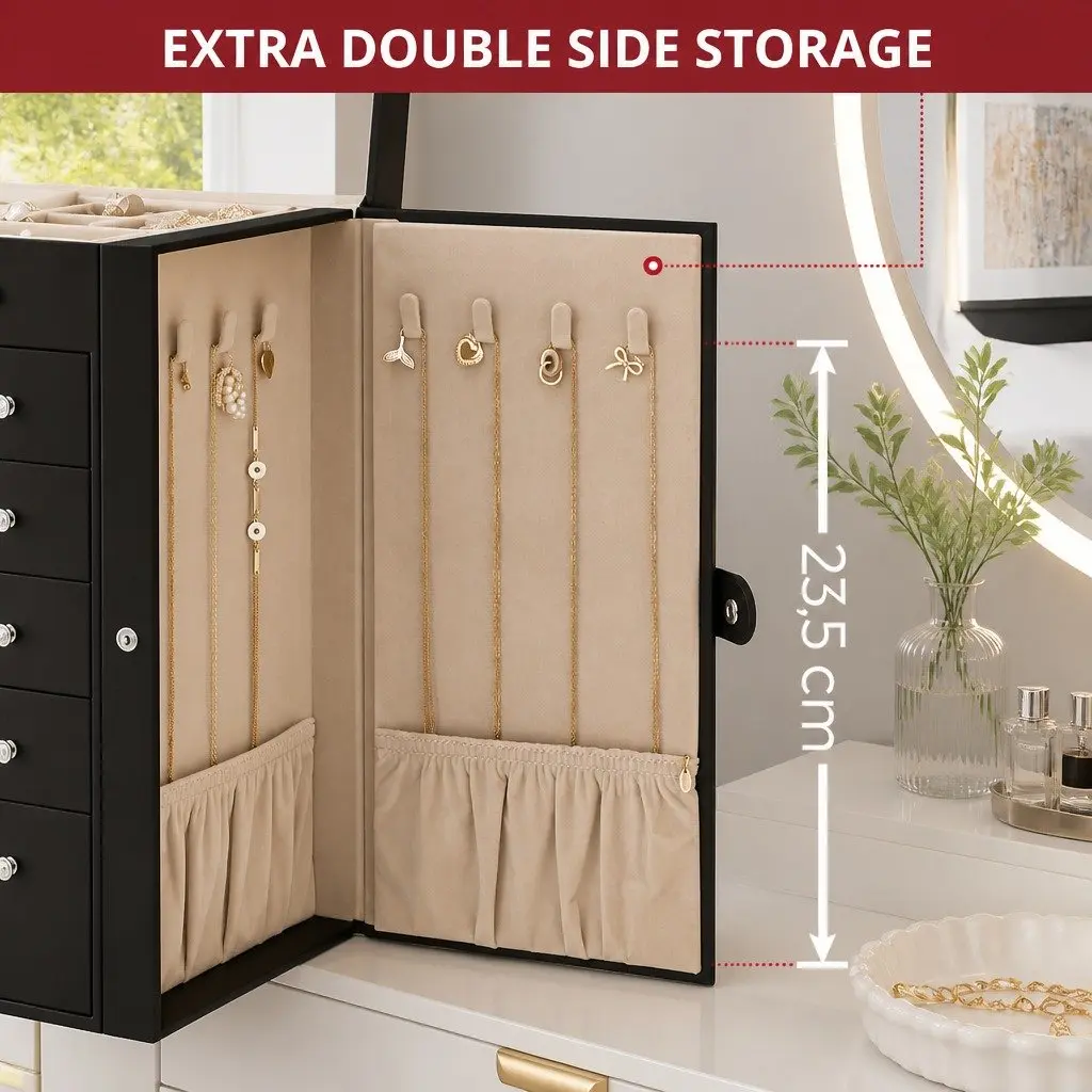 Large Jewelry Box for Women 6 Drawers Mirror Lock Necklace Hooks Storage