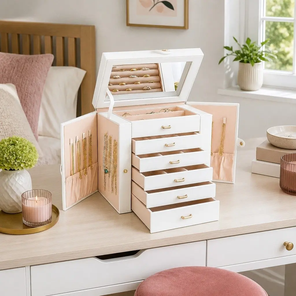 Jewelry Box Large 6-Layer Women Organizer with Mirror Lock Necklace Hooks