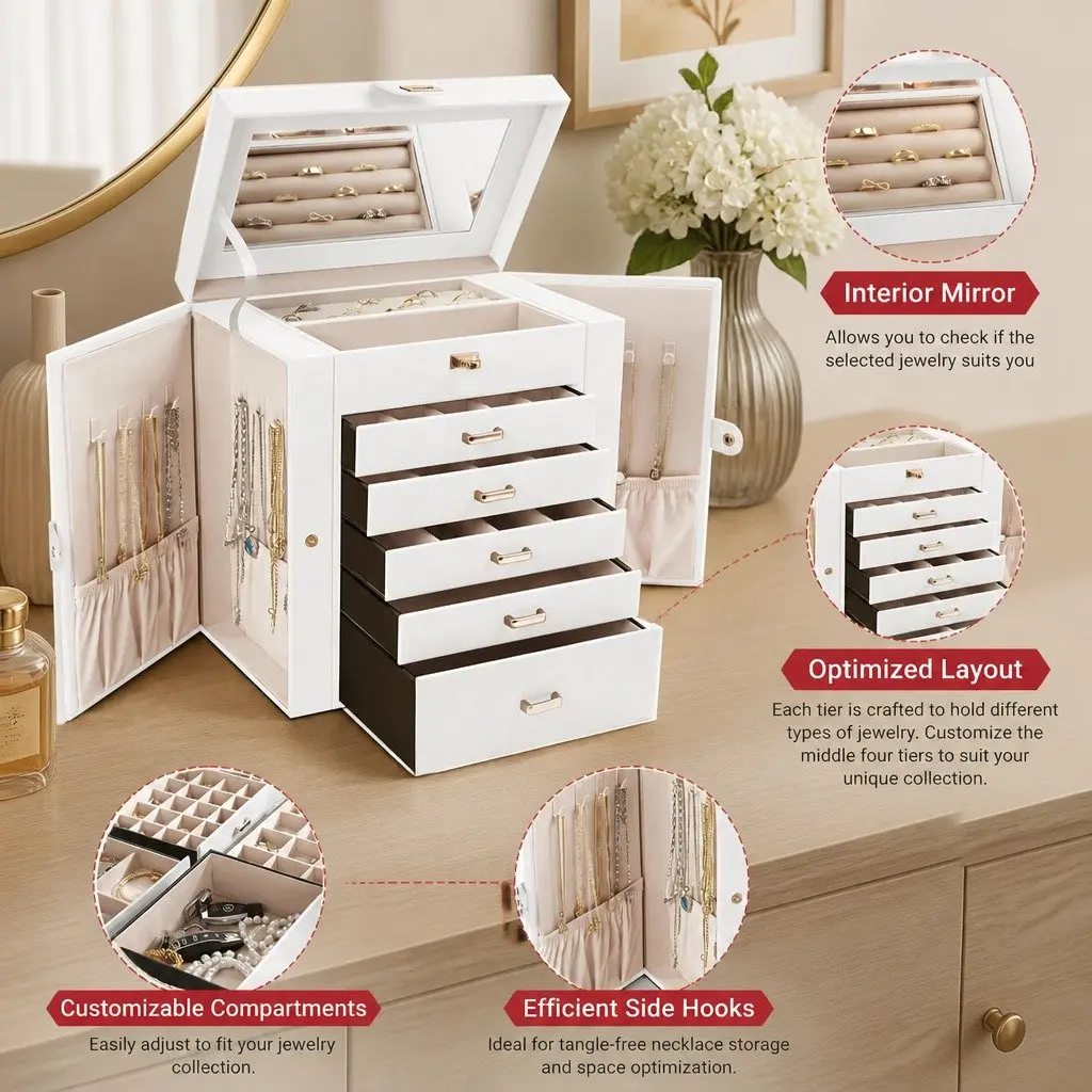 Jewelry Box Large 6-Layer Women Organizer with Mirror Lock Necklace Hooks