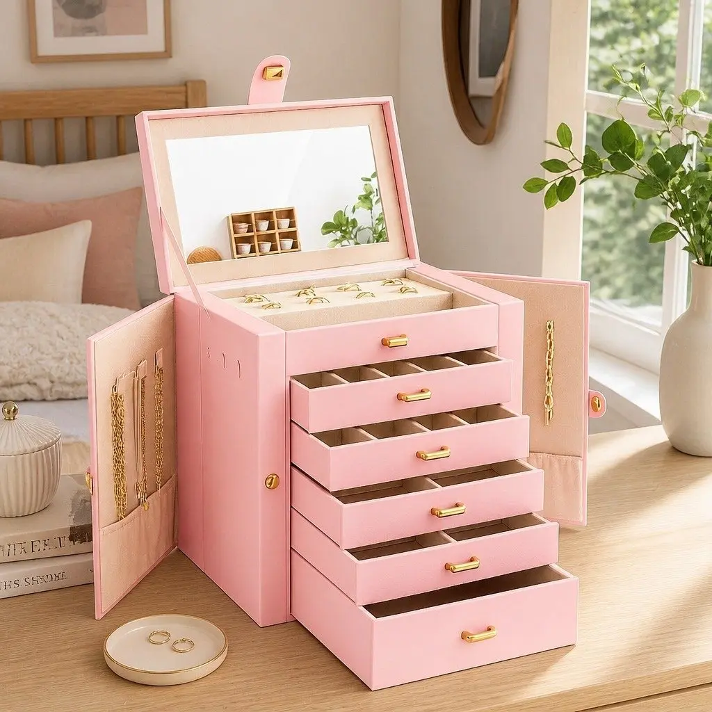 Jewelry Box Wood Frame PU Leather Exterior 6 Layer Pink with Mirror Drawers Necklace Hooks