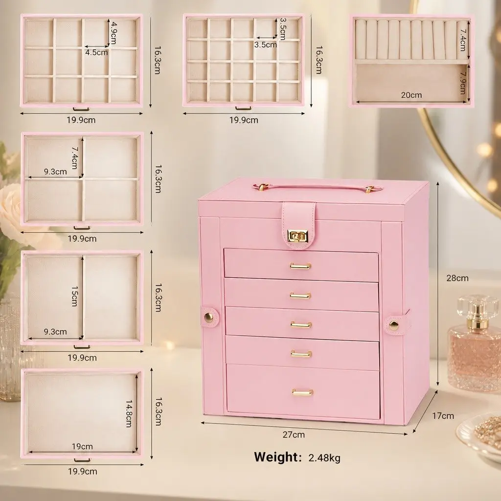 Jewelry Box Wood Frame PU Leather Exterior 6 Layer Pink with Mirror Drawers Necklace Hooks