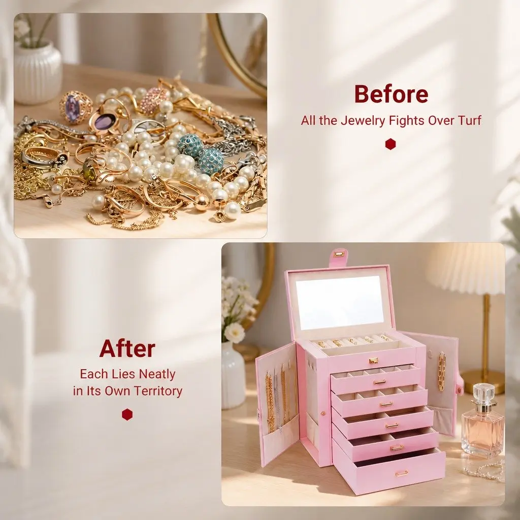 Jewelry Box Wood Frame PU Leather Exterior 6 Layer Pink with Mirror Drawers Necklace Hooks