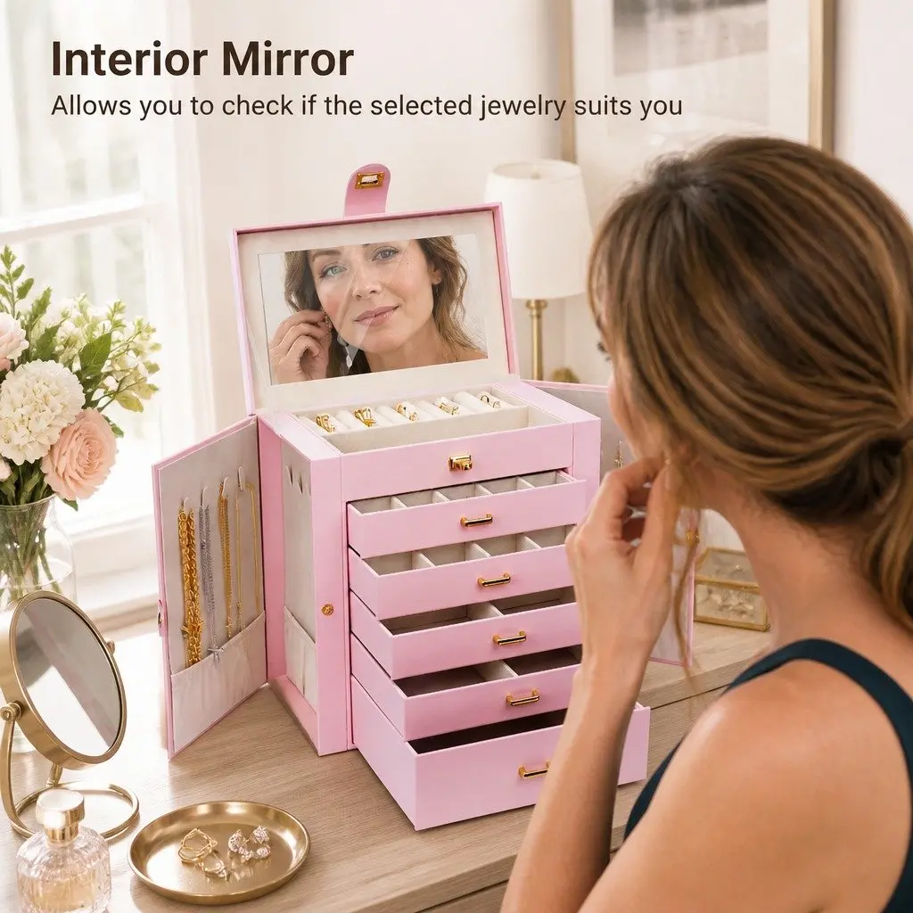 Jewelry Box Wood Frame PU Leather Exterior 6 Layer Pink with Mirror Drawers Necklace Hooks