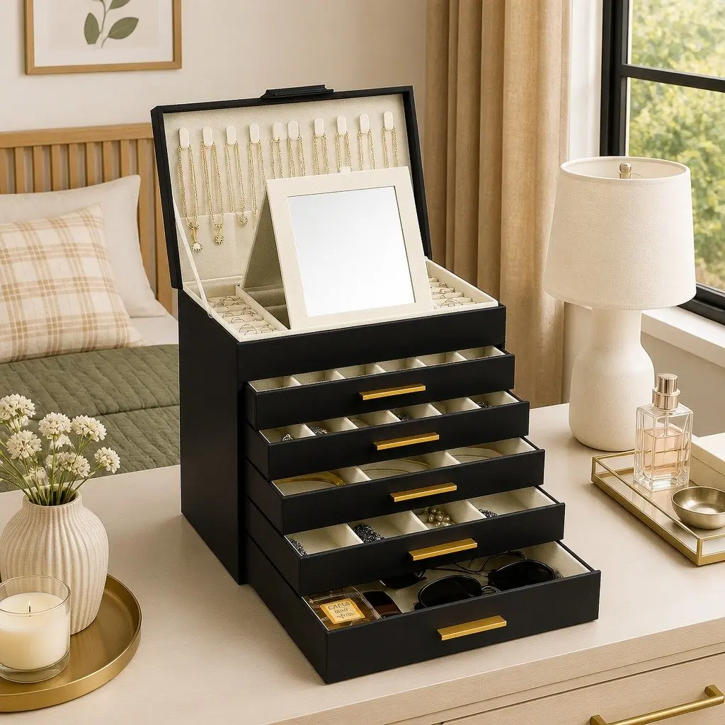 Jewelry Organizer Box 6-Layer MDF PU Leather Black with Mirror Drawers Hooks