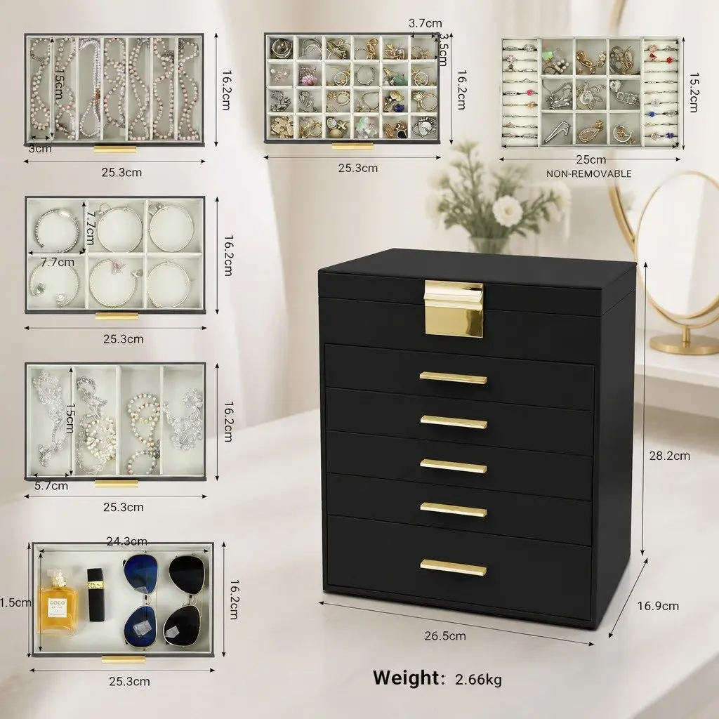 Jewelry Organizer Box 6-Layer MDF PU Leather Black with Mirror Drawers Hooks