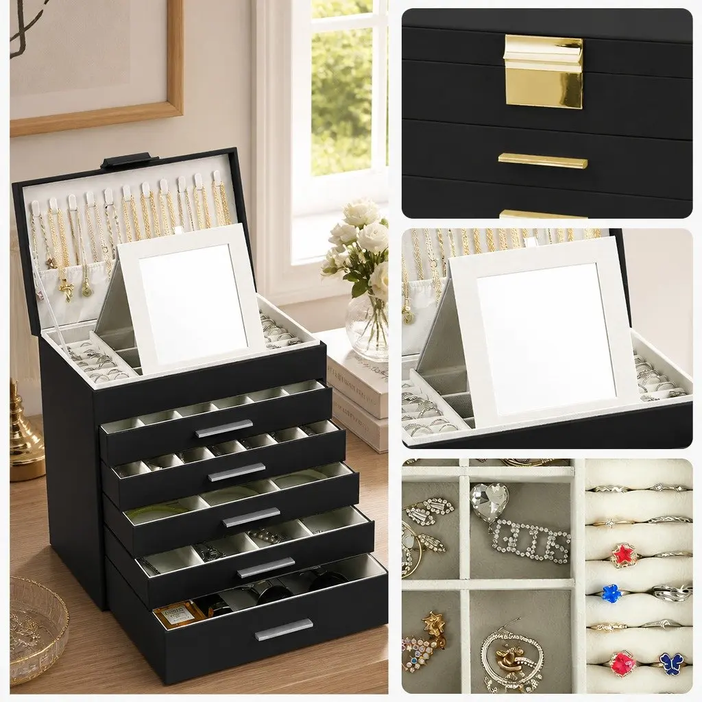 Jewelry Organizer Box 6-Layer MDF PU Leather Black with Mirror Drawers Hooks