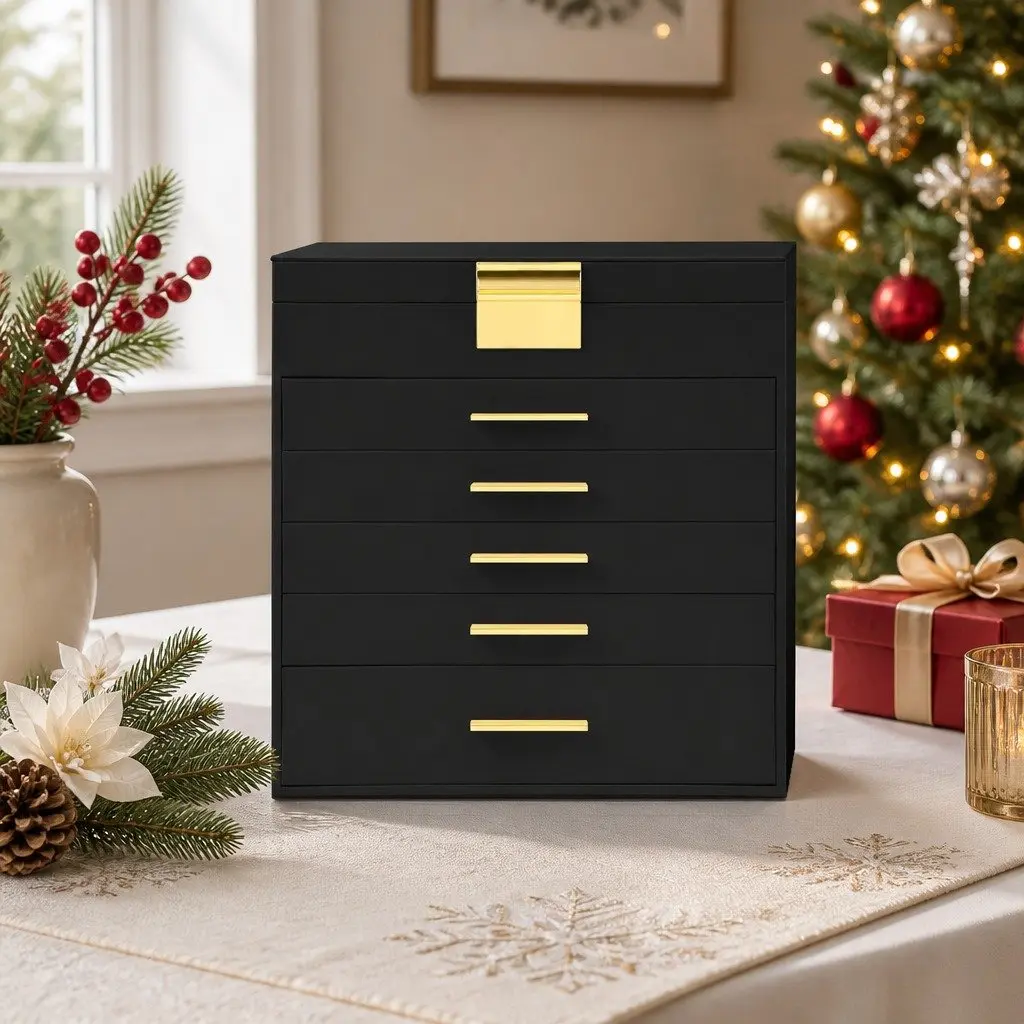 Jewelry Organizer Box 6-Layer MDF PU Leather Black with Mirror Drawers Hooks