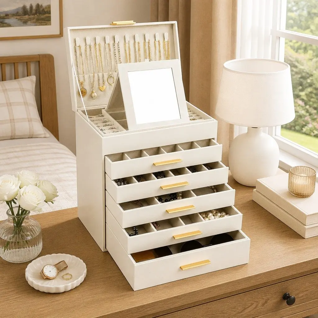 Jewelry Organizer Box MDF with PU Leather Exterior 6 Layer White