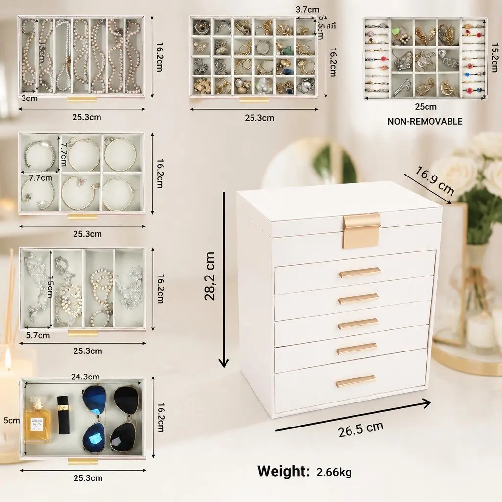 Jewelry Organizer Box MDF with PU Leather Exterior 6 Layer White