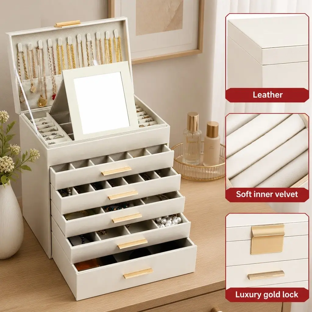 Jewelry Organizer Box MDF with PU Leather Exterior 6 Layer White
