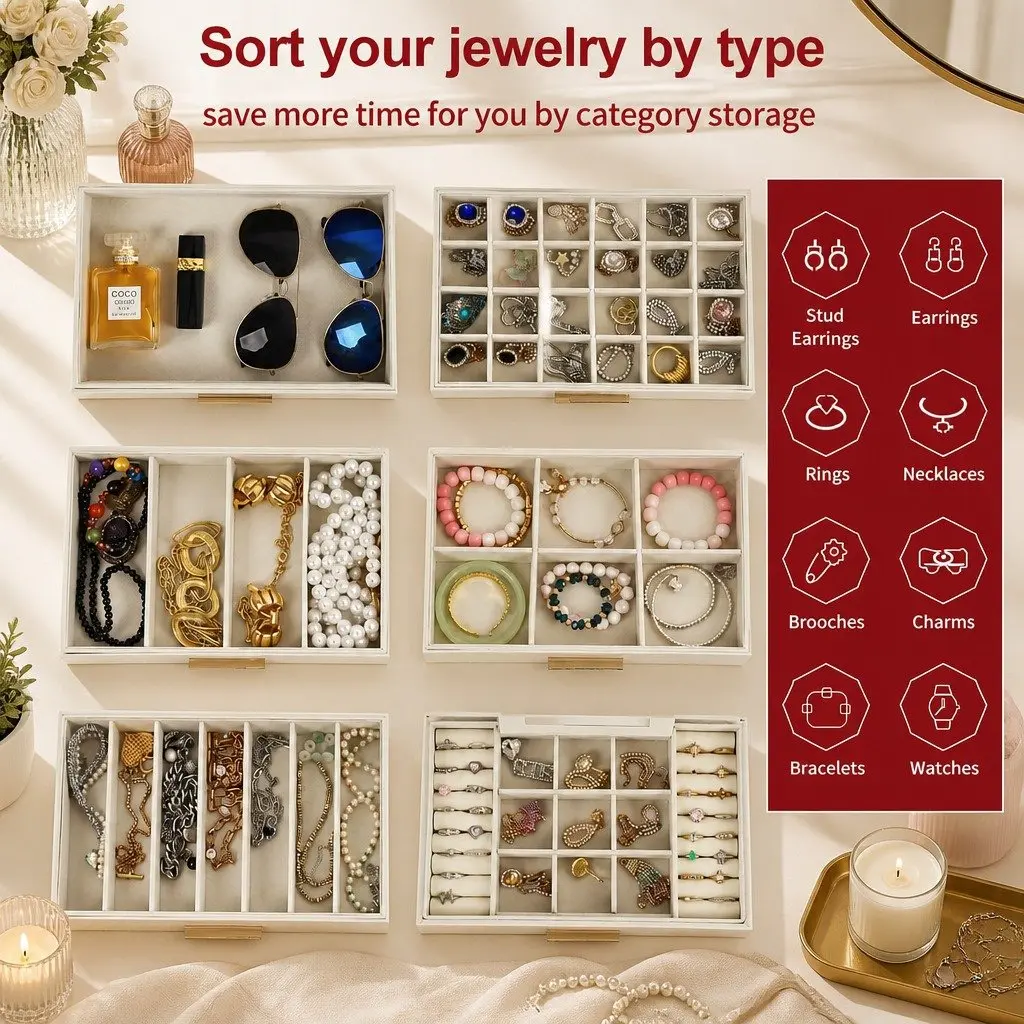 Jewelry Organizer Box MDF with PU Leather Exterior 6 Layer White
