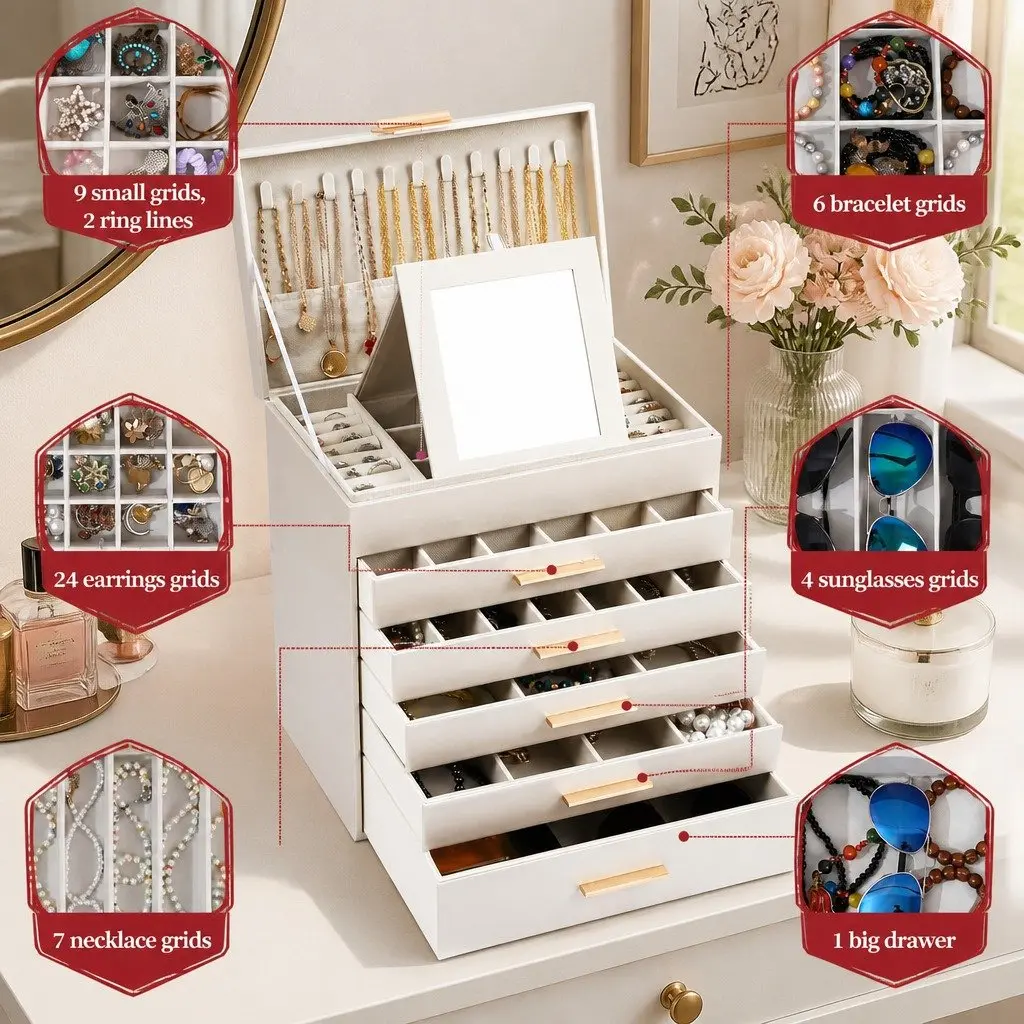 Jewelry Organizer Box MDF with PU Leather Exterior 6 Layer White