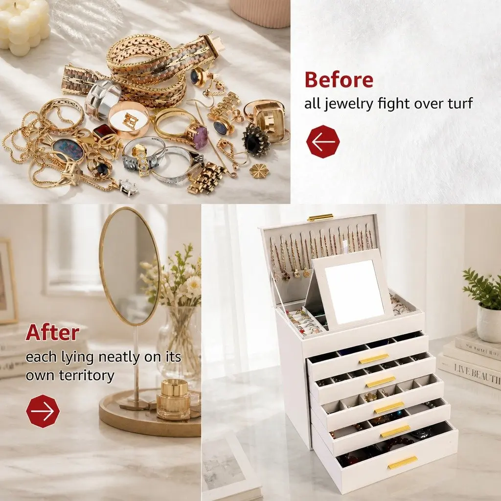 Jewelry Organizer Box MDF with PU Leather Exterior 6 Layer White