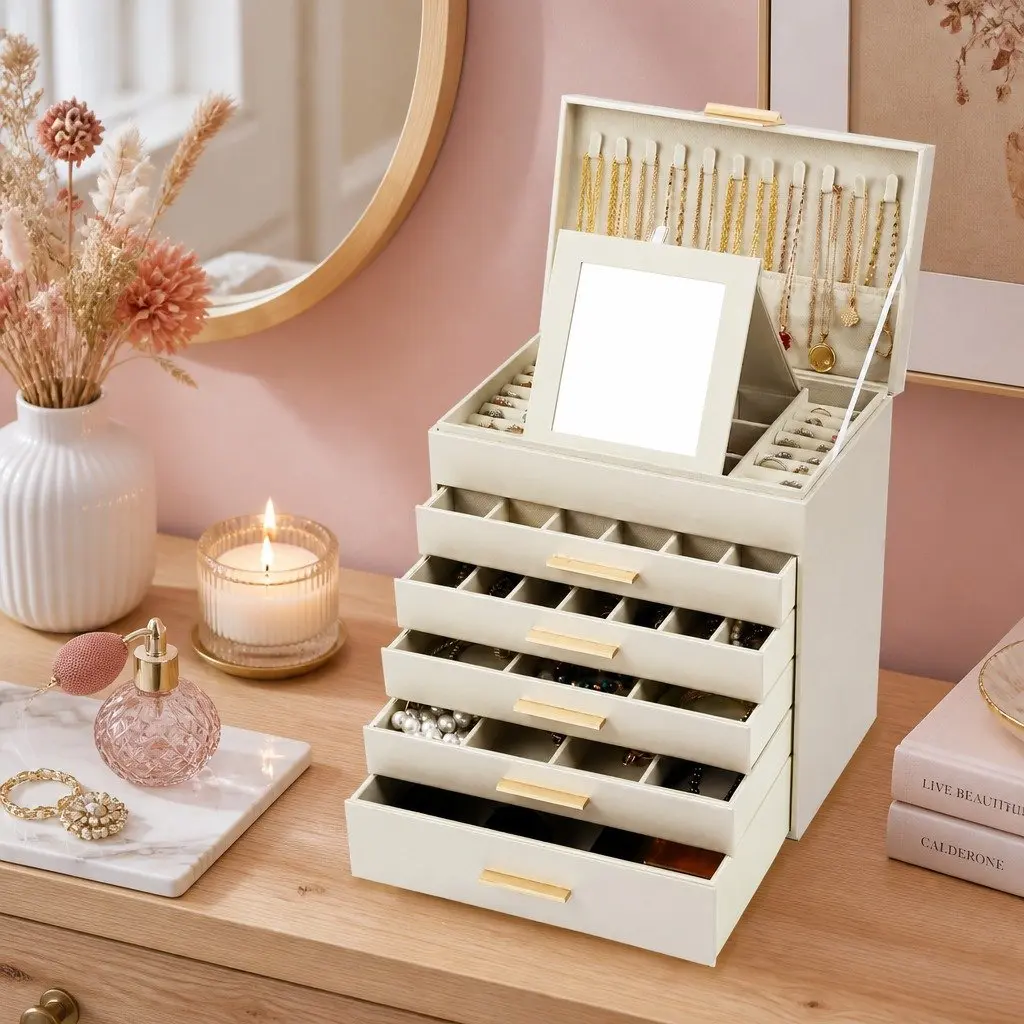 Jewelry Organizer Box MDF with PU Leather Exterior 6 Layer White